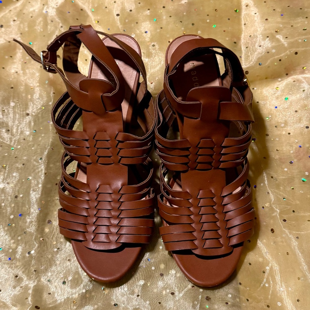 Madden Girl Gnilly Brown Woven FxLeather Wooden Platform Sandals Shoes Heels 8.5